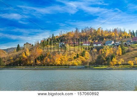 Beautiful town of Fuzine on Lake Bajer, Gorski kotar, Croatia, in autumn