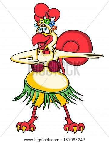 Funny cartoon rooster dancing Hawaiian dance.Vector image with simple gradients isolated on white background. All on the same layer.