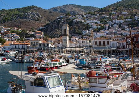 Marina and the pier on the Hydra island, Greece.