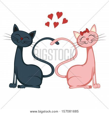 A blue tomcat and a pink pussycat is sitting and smiling in love