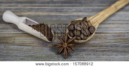 Beautiful Little Wooden Spoon With Coffee On  Background
