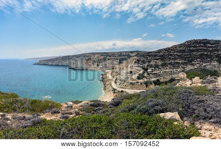 Landscape of Crete island with beautiful lagoon and green mountains