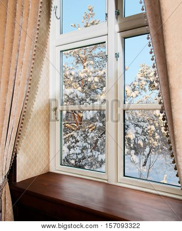 Window with curtains with snowy pine trees