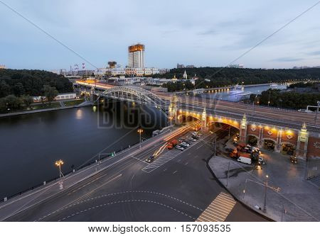 Russian Academy of Sciences and Andreevsky bridge at evening, Moscow, Russia