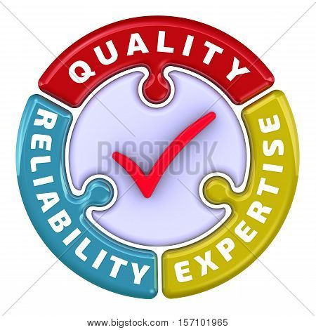 Reliability, quality, expertise. The check mark in the form of a puzzle. The inscription "reliability quality expertise" on the puzzle in the shape of a circle. 3D Illustration. Isolated