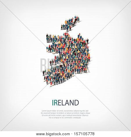 Isometric set of styles, people, map of Ireland , country, web infographics concept of crowded space, flat 3d. Crowd point group forming a predetermined shape. Creative people.  illustration. Photo .3D illustration. White background . Isolated.
