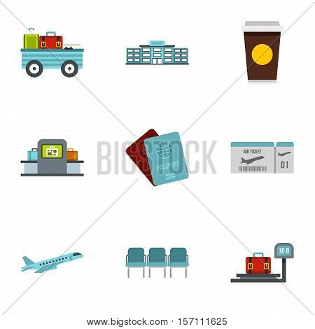 Check at airport icons set. Flat illustration of 9 check at airport vector icons for web