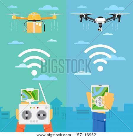 Drone technology banner with remotely controlled flying robots in city vector illustration. Multicopter piloting with tablet or smartphone. Unmanned aerial vehicle. Modern flying device with camera.