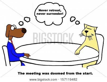 Color business cartoon about a meeting that is doomed from the start.