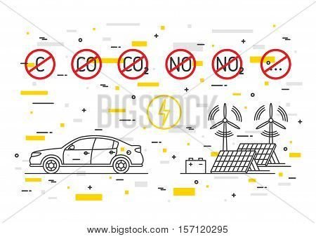 Electric car vector concept with decorative colorful elements. Electrical car with ecological power energy resources illustration. CO2 NO2 symbols with red restriction signs graphic design.