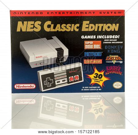 Winneconne WI - 16 November 2016: Box of Nintendo entertainment system classic edition on an isolated background.