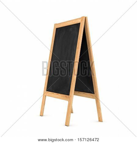 3d rendering of a clean black chalkboard easel in the wooden frame isolated on a white background, three quarters view. Education system. School supplies. Seminars and conferences. Elimination of illiteracy. Professional development.