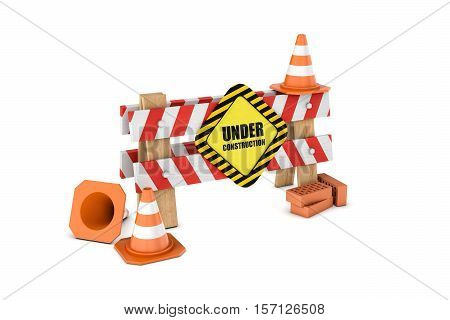 3d rendering of a wooden barrier with the under construction sign and some traffic cones and bricks lying around. Traffic signs. Safety gear and equipment. Construction site. Barriers and warning signs.