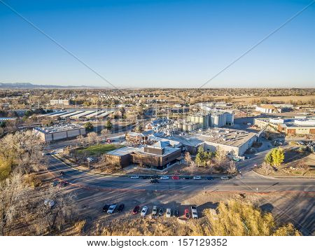 FORT COLLINS, CO, USA - NOVEMBER 12, 2016: Aerial view of New Belgium Brewing Company, craft brewery emphasizing  eco-friendly practices and employee ownership.
