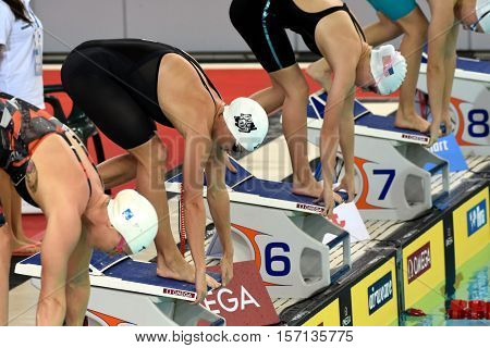 Hong Kong China - Oct 29 2016. Olympic champion hungarian swimmer Katinka Hosszu at the start in Victoria Park Swimming Pool. FINA Swimming World Cup Preliminary Heats.