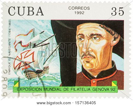 MOSCOW RUSSIA - NOVEMBER 16 2016: A stamp printed in Cuba shows Duke of Viseu (Henry the Navigator 1394-1460) - a Portugal navigator series 