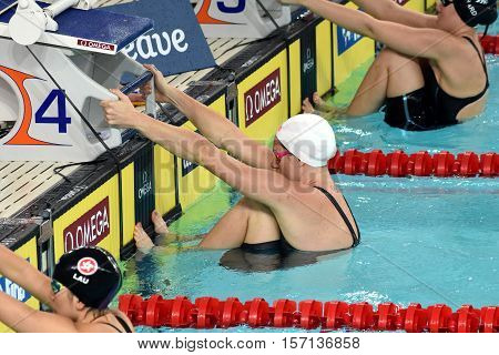 Hong Kong China - Oct 29 2016. Australian olympian and world champion swimmer Emily Seebohm at the start. FINA Swimming World Cup Preliminary Heats Victoria Park Swimming Pool.