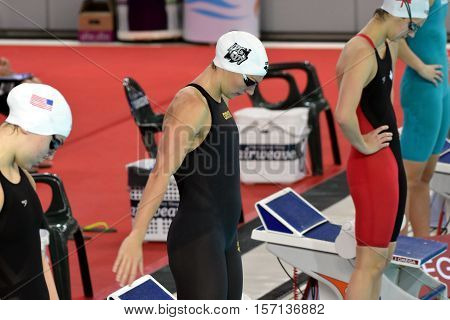 Hong Kong China - Oct 29 2016. Olympic champion hungarian swimmer Katinka Hosszu at the start in Victoria Park Swimming Pool. FINA Swimming World Cup Preliminary Heats.