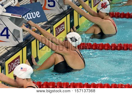 Hong Kong China - Oct 29 2016. Olympic champion hungarian swimmer Katinka Hosszu at the start in Victoria Park Swimming Pool. FINA Swimming World Cup Preliminary Heats.