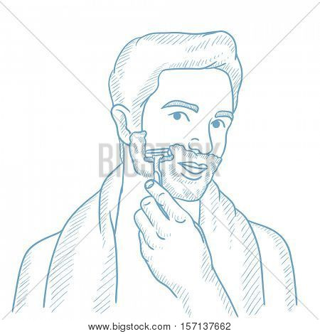 Man shaving his face. Man with shaving cream on his face and razor in hand. Man prepping face for daily shaving. Concept of daily hygiene. Hand drawn vector sketch illustration on white background.