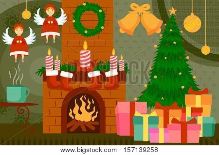 vector illustration of fireplace decorated for Christmas night