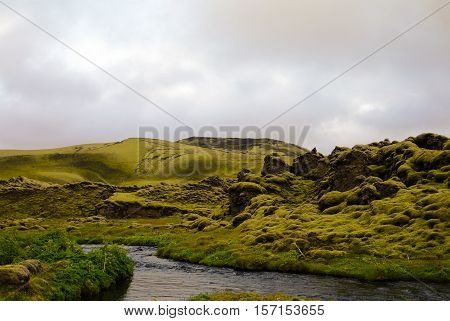 Landscape of Lakagigar volcanic valley in central Iceland