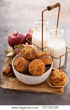 Apple cinnamon streusel muffins with milk bottles
