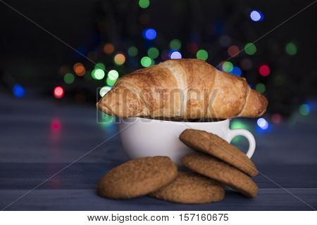 Cup Of Coffee Or Tea With Croissant And Oatcake
