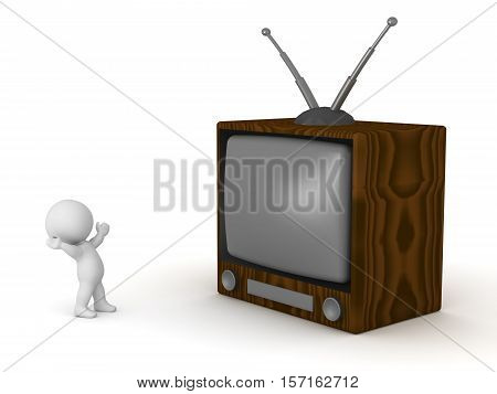 3D character and a large retro TV. Isolated on white background.