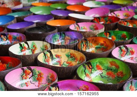 COC LY VIETNAM October 25 2016 : Numerous decorated traditional bowls on the market of Coc Ly a small village in the mountains of North Vietnam.