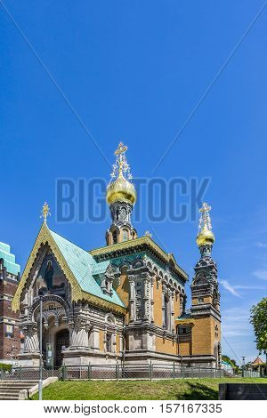 Orthodox Russian Chappel Darmstadt Under Blue Sky