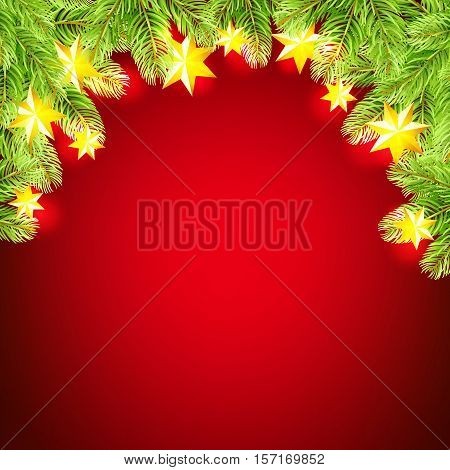 Christmas background with stras garland and fir-tree on red background. Vector illustration.