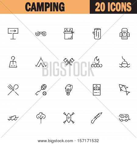 Camping flat icon set. Collection of high quality outline symbols of meat food for web design, mobile app. Vector thin line  icons or logo of signpost, backpack, map, fishing, tent, fare, etc.