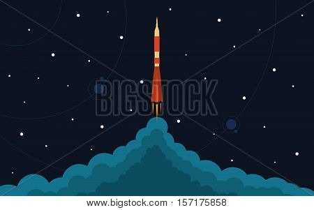 Space rocket launch. Vector illustration with flying rocket. Space travel. Project development. Creative idea.