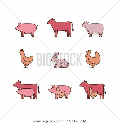 Farm Animal Outline Icon Set. Pig, Cow, Lamb, Chicken, Turkey, Rabbit. Icon For Butcher Shop. Vector