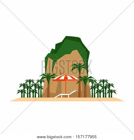 Beach vacation concept. Chaise longue beach umbrella and tropical island landscape. Flat style vector illustration.