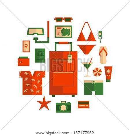 Beach Vacation Object Set. Things For Summer Travel. Traveling, Tourism, Vacation Icons Set. Flat St