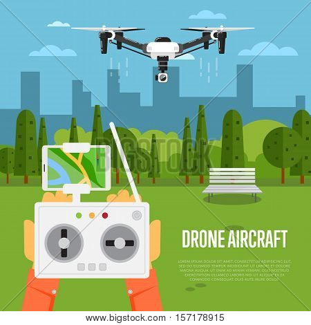 Drone technology banner with remotely controlled flying robots in park vector illustration. Radio controller with smartphone for piloting multicopter. Unmanned aerial vehicle. Modern flying device