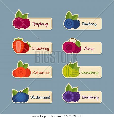 Berry Icon Set. Labels With Berries. Flat Style, Vector Illustration.