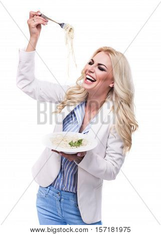 Italian Food - Portrait Of Healthy Woman Eat Spaghetti With Sauce