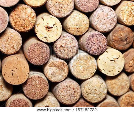 Wall of many different wine corks. Closeup of wine corks. Close up of cork wine.