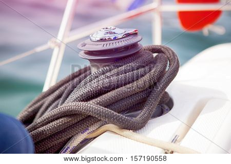 Winch with blue rope on a yacht