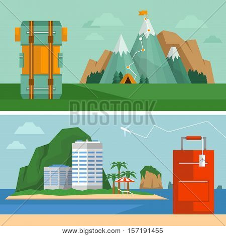 Travel concept. Tropical beach vacation and extreme vacation. Tropical island landscape and mountain landscape. Flat style vector illustration.