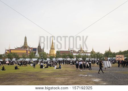 BANGKOK THAILAND - OCT 19 : A crowd of mourners at south zone of Sanam Luang while the body of Thailand Bhumibol Adulyadej keep in Grand Palace on october 19 2016