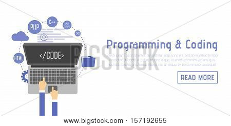 Programmer at computer desk working on program. Software concept. Vector illustration flat design. Man working at desktop computer, laptop. Coding, web technology. Development applications.