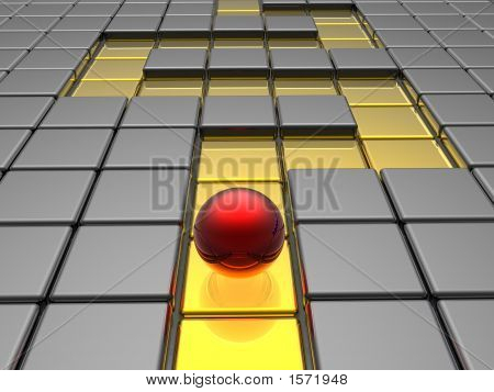 Red Sphere In Labyrinth