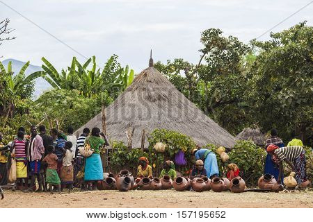 Terracotta Pots Stalls At Local Village Market. Bonata. Omo Valley. Ethiopia.