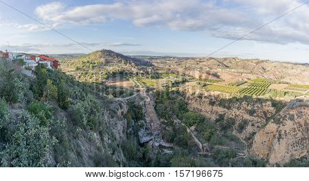 Waterfall panorama view from the town Chella Valencia Spain Canal de Navarres