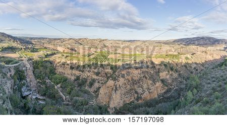 Waterfall panorama view from the town Chella Valencia Spain Canal de Navarres