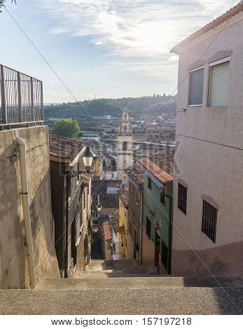 Panorama view of Chella Valencia Spain Canal de Navarres down the stairs